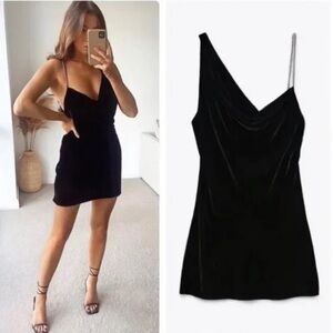 Zara Black Velvet One Shoulder Chain Strap Dress Size L